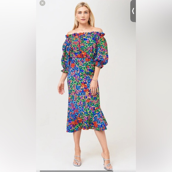 NWT $625 Saloni Grace Tropical Floral Off Shoulder Puff Sleeve